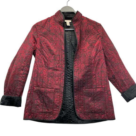 Chico's Jackets & Blazers - Chicos Red Black Jacquard Blazer Jacket Size O-8 Open Cardigan